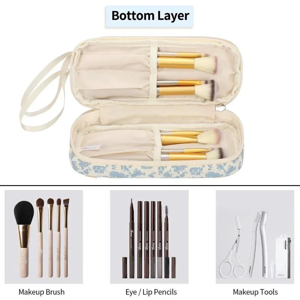 Small , 2 Layers Travel Make up Organizer Bag with Makeup Brush Holder, Portable